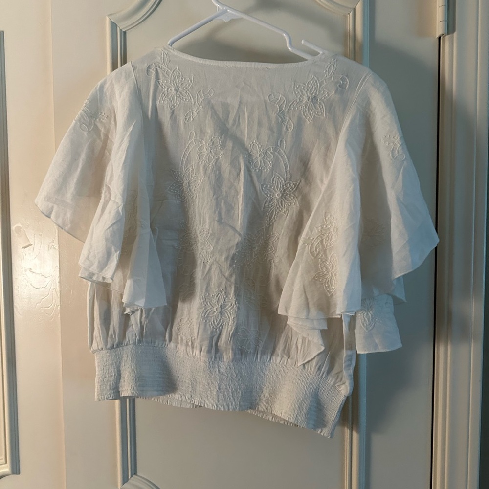 Anthropologie White Ruffled Flutter Sleeve Blouse